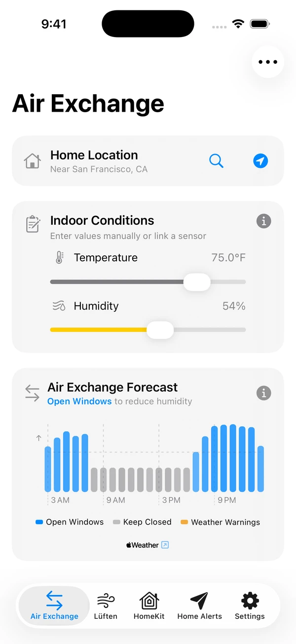 dewdrop Air Exchange forecast showing when to open windows or keep them closed