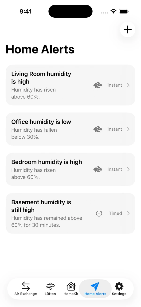 dewdrop Home Alerts showing instant and timed humidity notifications for several rooms