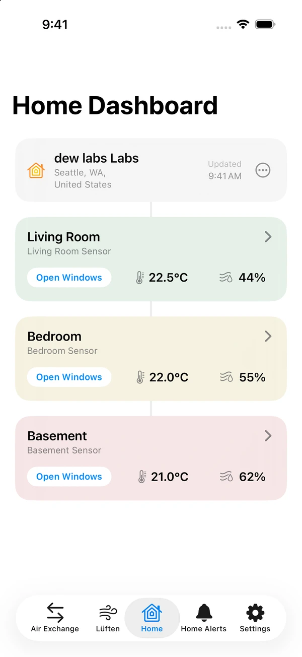 dewdrop dashboard showing temperature and humidity from compatible sensors in Apple Home across several rooms