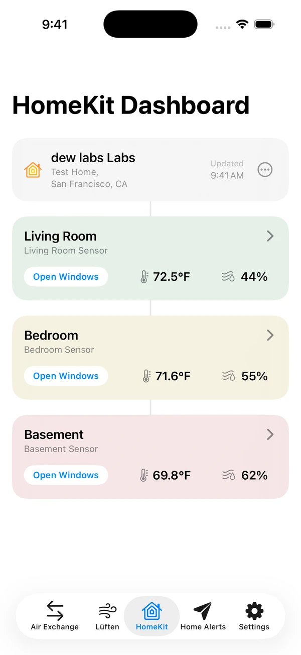 dewdrop HomeKit dashboard showing temperature, humidity, and guidance for several rooms