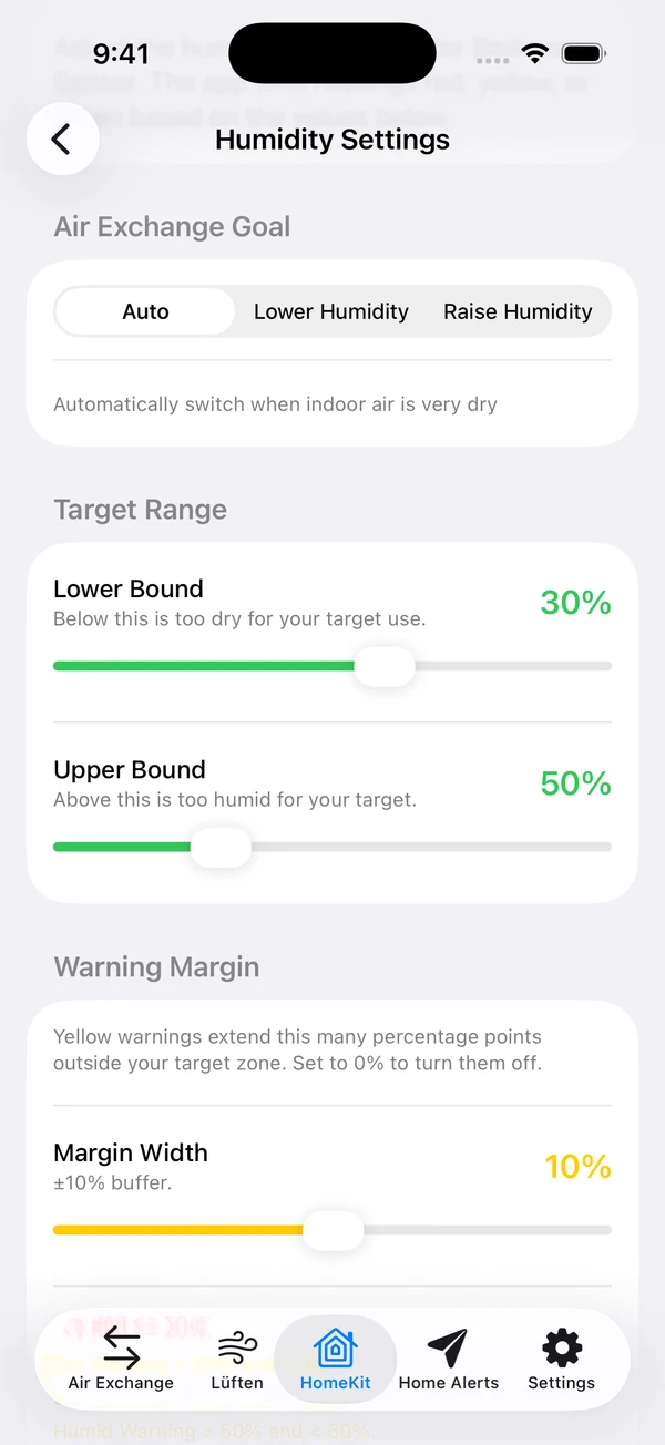 dewdrop Humidity Settings showing a customizable target range and air exchange goal